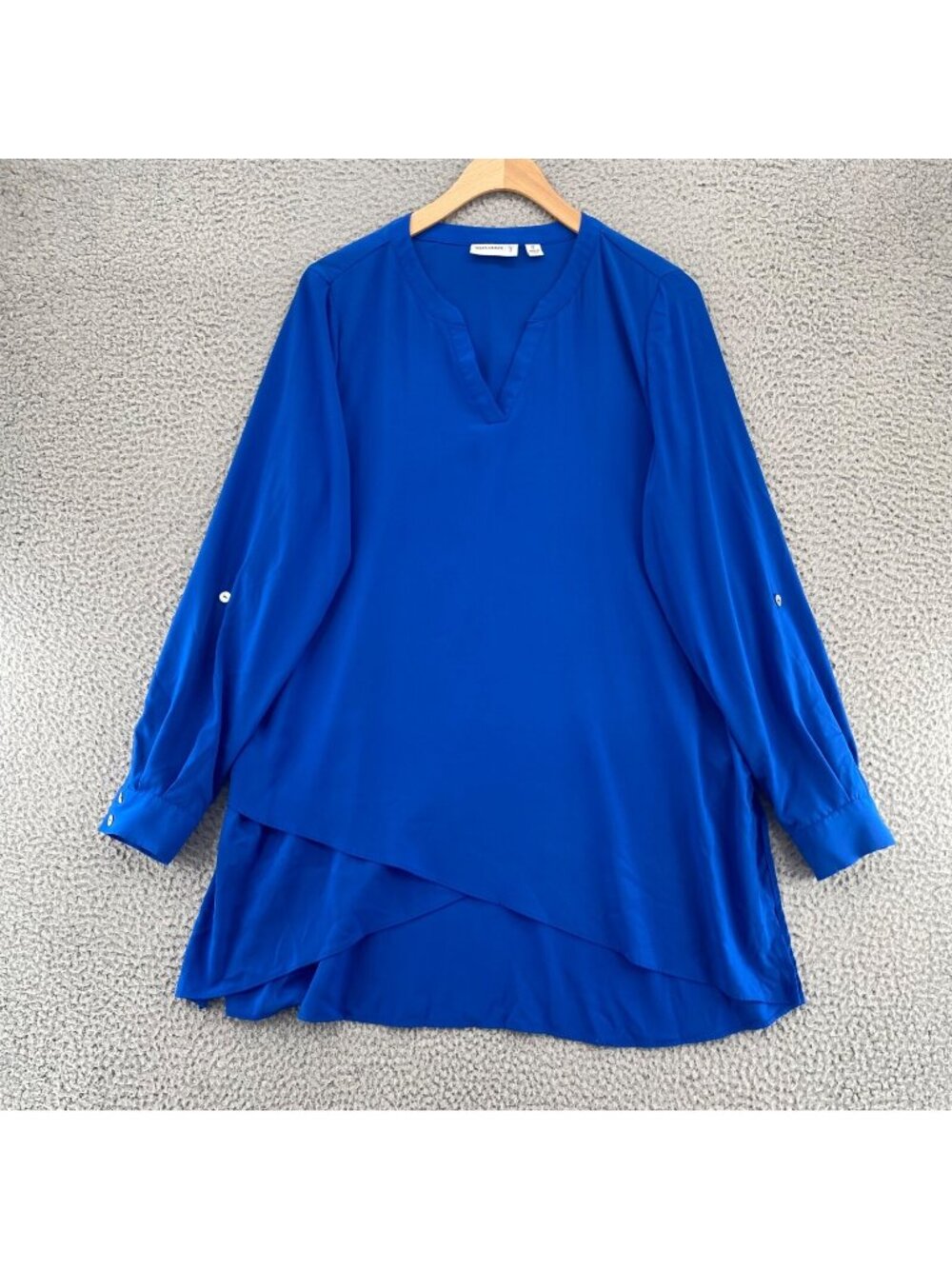 Susan Graver Top Womens 12 Blue Blouse Long Roll Tab Sleeves Split V Neck Tunic